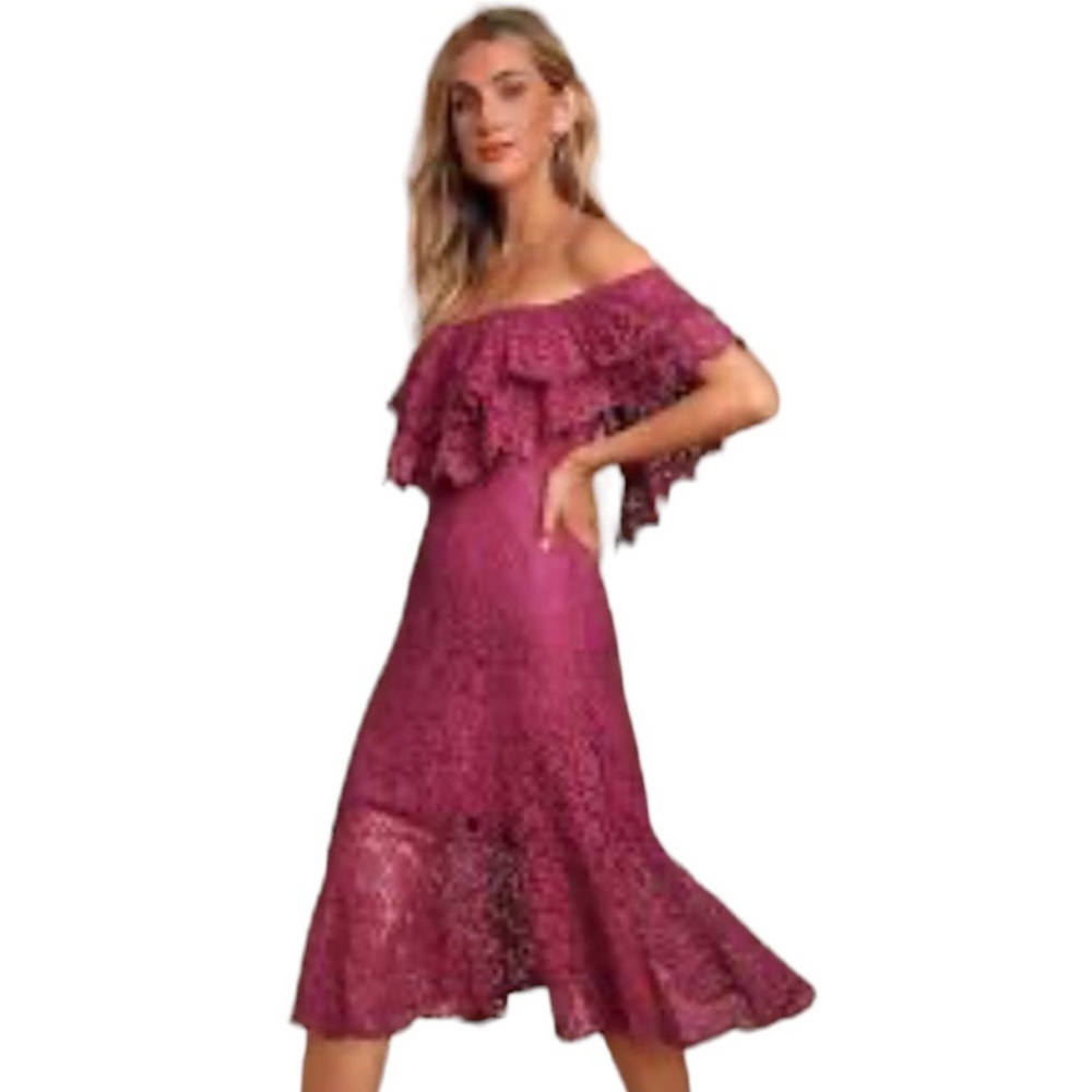 Lulus Exclusive! Jaclyn Magenta Lace Off-the-Shoulder Midi Dress!